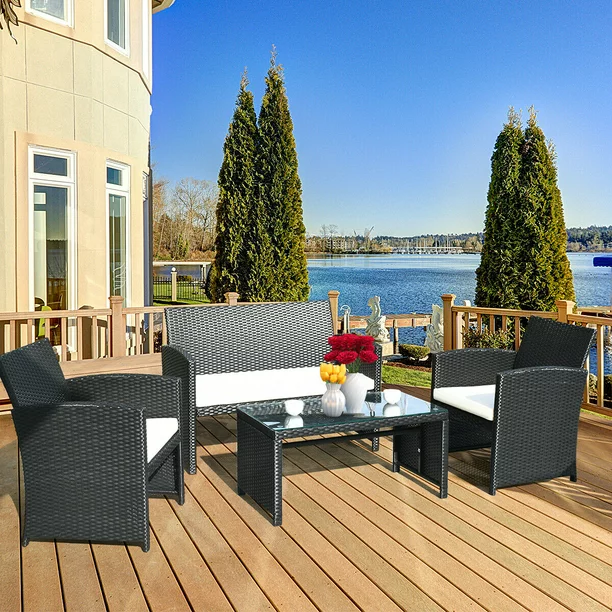 Costway 4PCS Patio Rattan Wicker Furniture Conversation Set Cushioned Sofa Table ualawncare