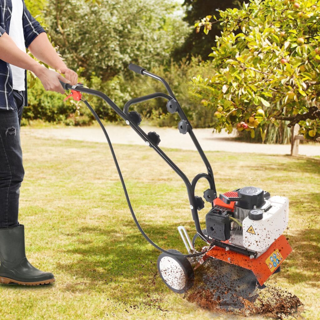 43cc 2-Stroke Hand Cultivator Tiller, 10.6 inch Gas Powered 4 Blade Rototiller for Lawn Digging Soil Tilling Farm Planting Orange Black ualawncare