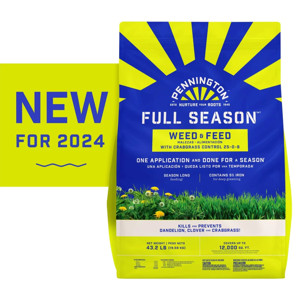 Pennington Full Season Weed and Feed Plus Crabgrass Control Lawn Food 25-0-8 Fertilizer, 43.2lbs, Covers 12,000 sq. ft. ualawncare